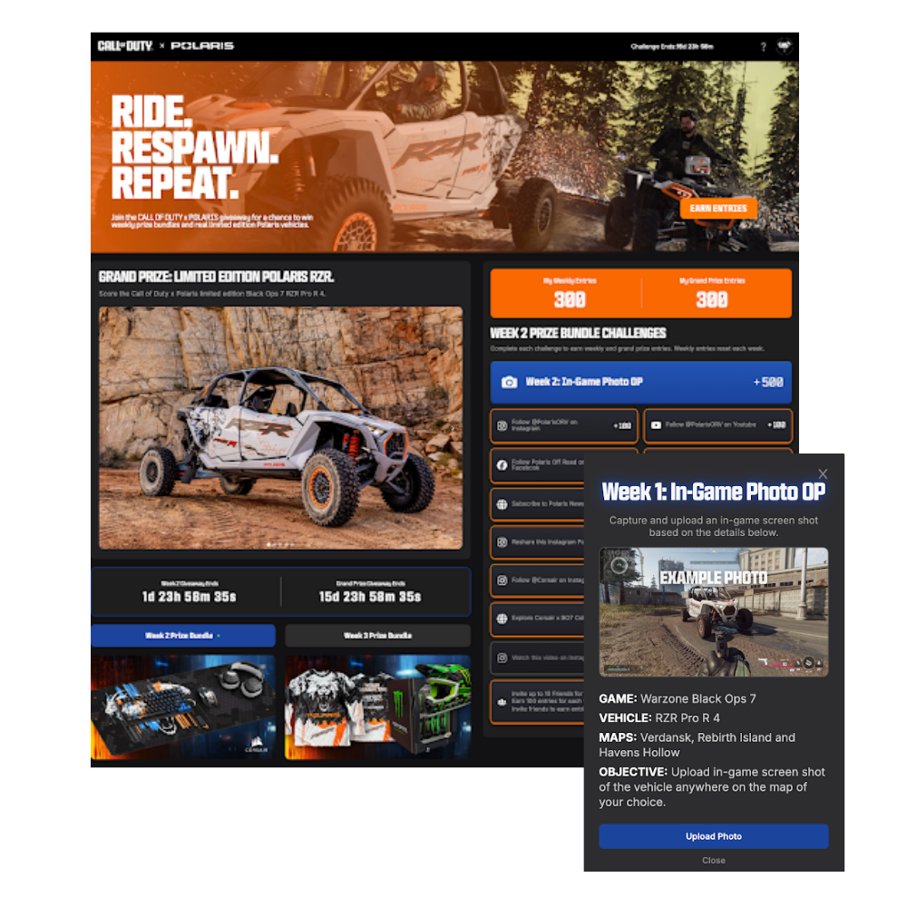 DevourPlay campaign page showing weekly quests, prize bundles, and photo missions