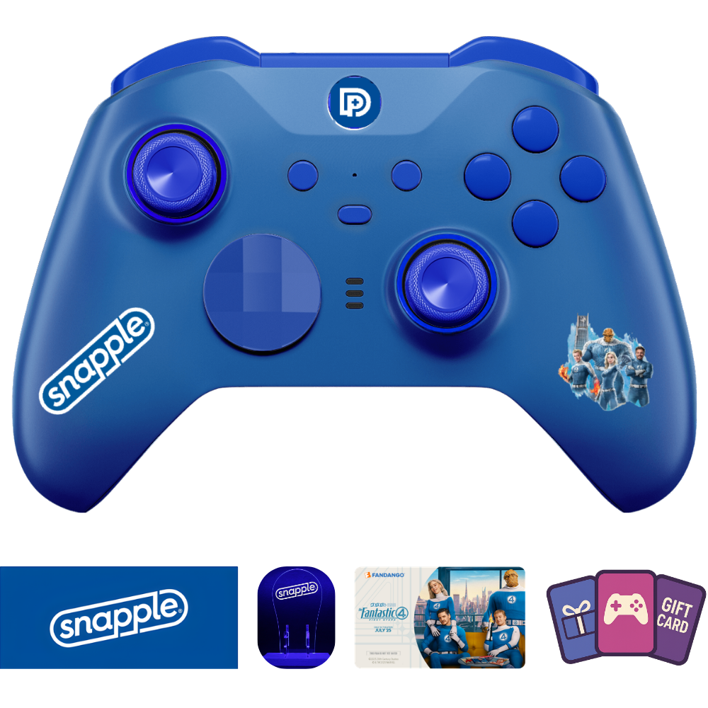 Snapple custom Xbox controller, oversized gaming pad, and headset/controller stand